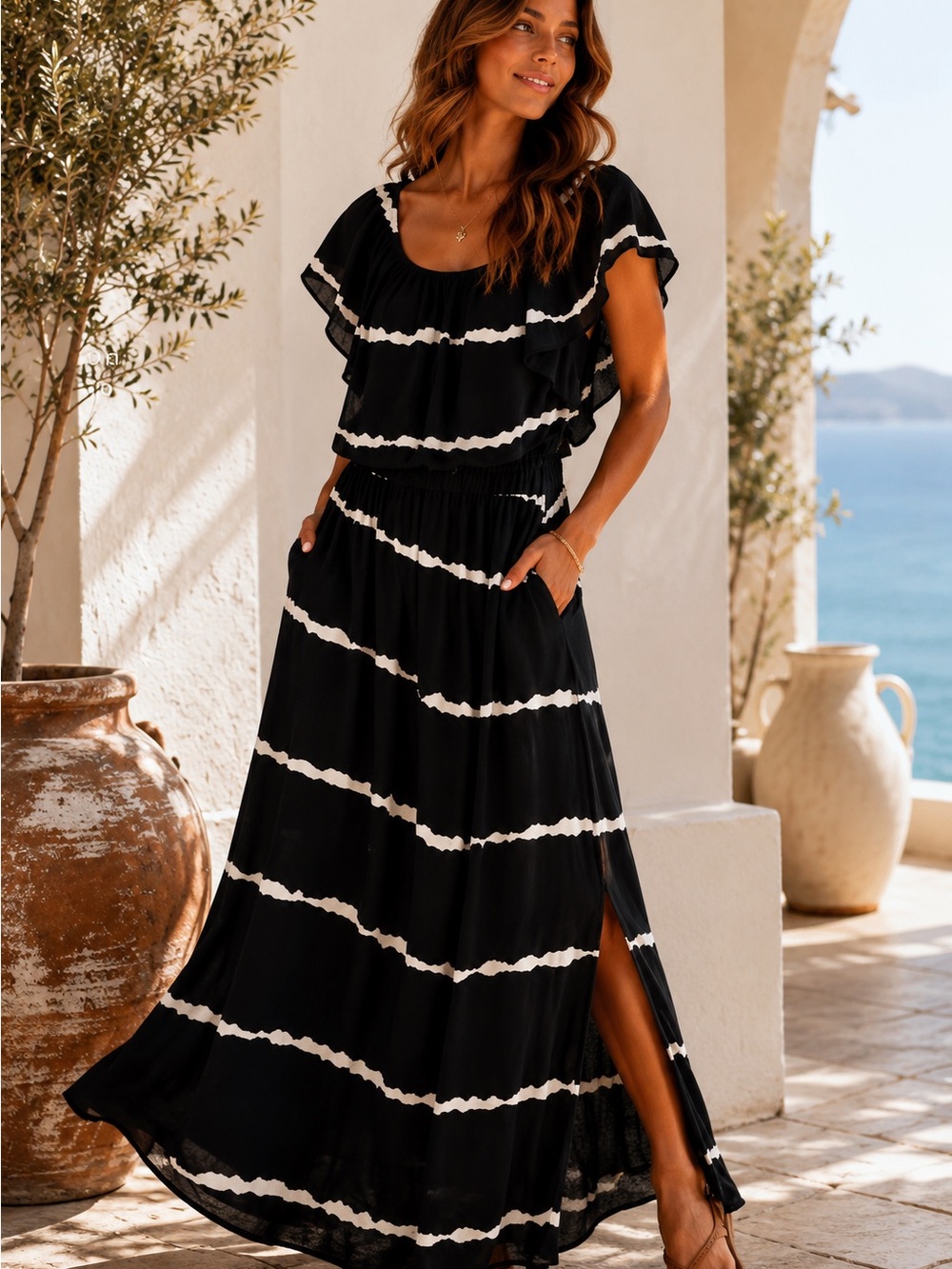 NWT Lilbetter Black & White Striped Maxi Dress w/ Pockets XL